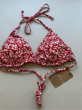 Berlook Bikini Top Large Triangle Red Reversible Floral Halter Swimwear
